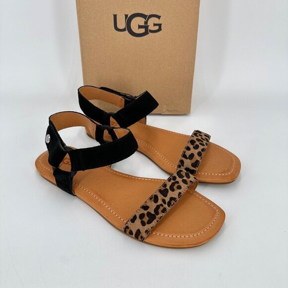 UGG Rynell Leopard Double Strap Sandals sz 8 Women's Ankle Strap Suede/Calfskin - Picture 1 of 4